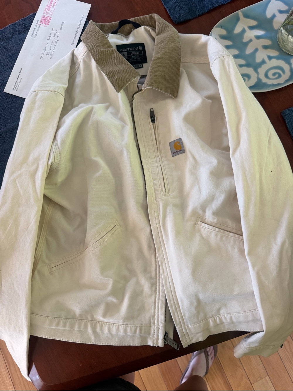 Carhartt Cream Jean Jacket with Tan Corduroy Collar